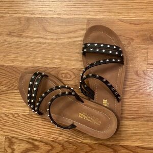 Black and Brown Studded Flat Sandals